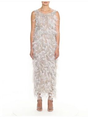 Marchesa Feather-Embellished Midi Dress in Silver